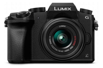 "Image of a Panasonic Lumix G7 camera, a mirrorless digital camera featuring a sleek design with a lens attached. The camera includes a flip-out LCD screen and various control buttons, suitable for capturing high-quality photos and videos."