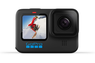 "Image of a GoPro Hero 10, a compact action camera designed for capturing high-quality photos and videos in extreme environments. The camera features a rugged exterior with a lens at the front and a small LCD screen at the back. It is equipped with various buttons for easy control and is commonly used for adventure sports and outdoor activities."