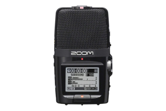 "Image of a Zoom H2N, a portable handheld recorder with multiple microphones, ideal for capturing high-quality audio in various recording situations."