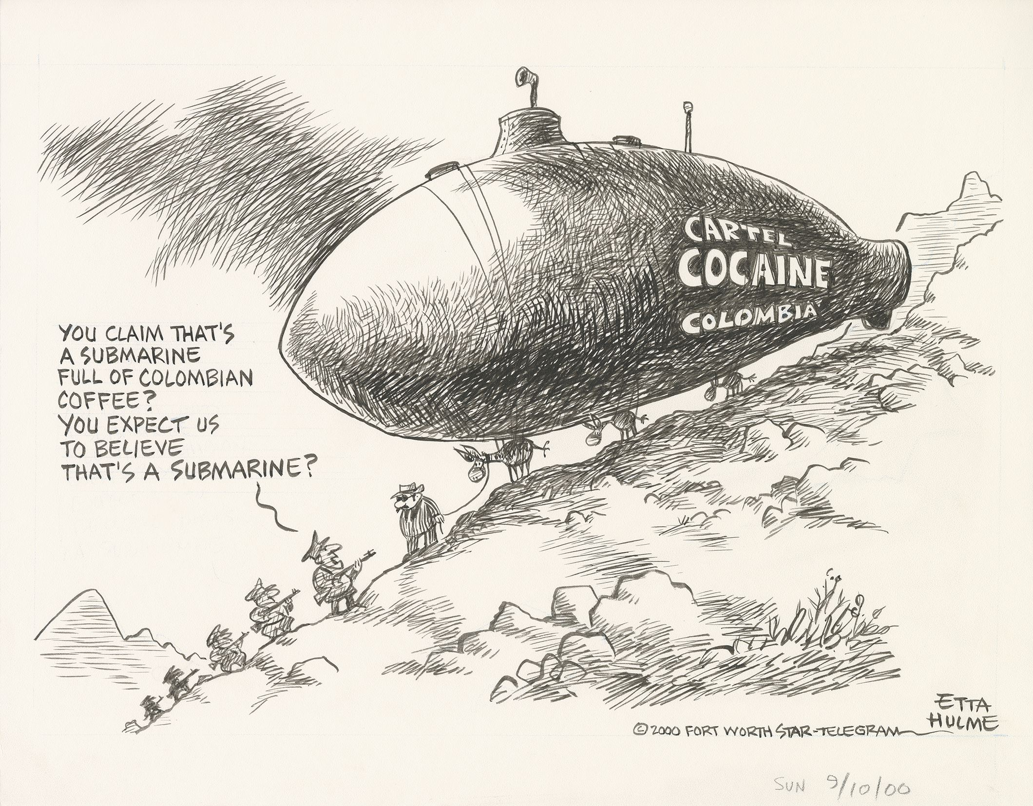 Political Cartoon showing a large submarine labeled, "cartel cocaine colombia"