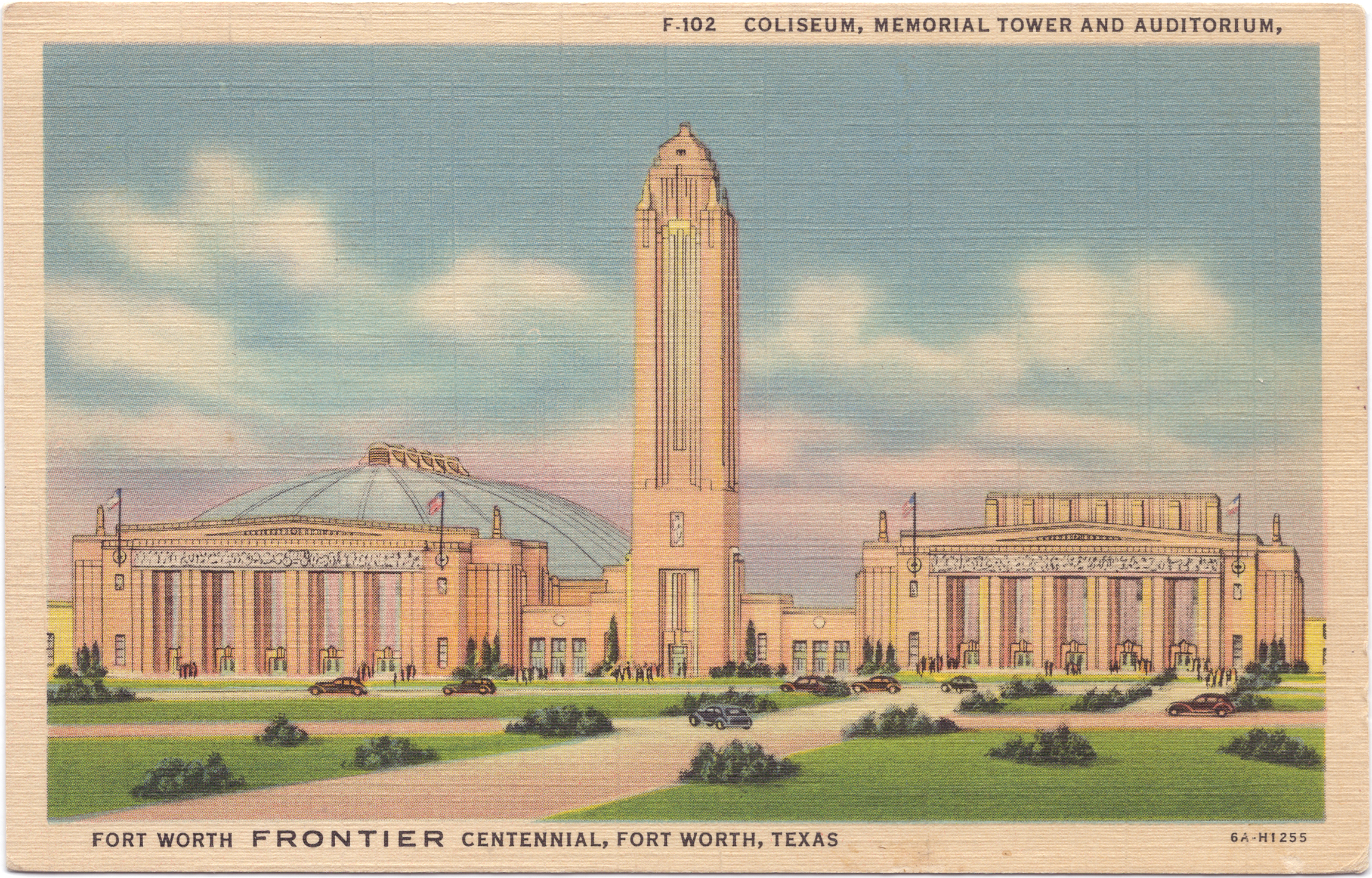 Postcard of the Will Rogers Coliseum, Memorial Tower, and Auditorium in Fort Worth