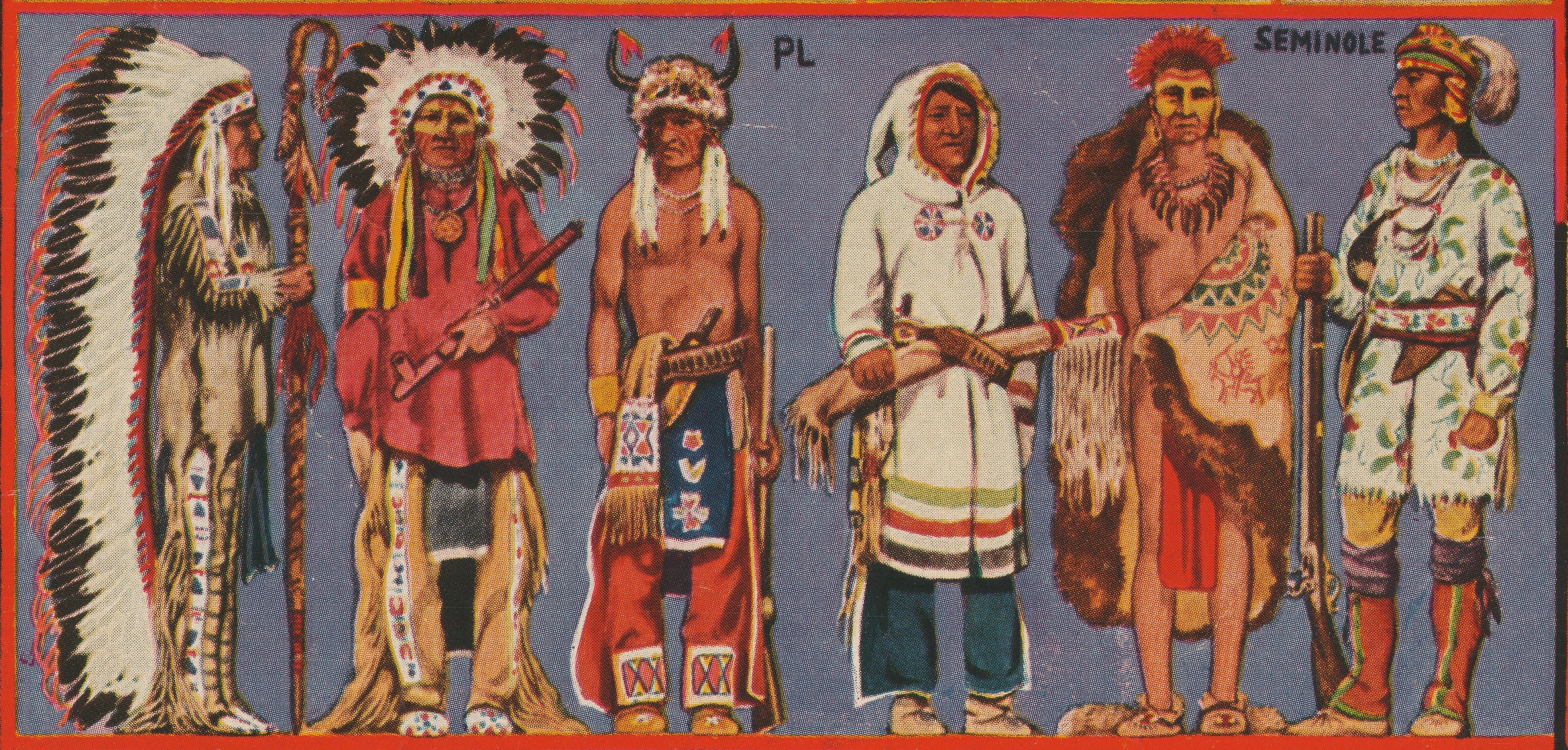 Artistic depiction of Native American tribes in traditional dress.