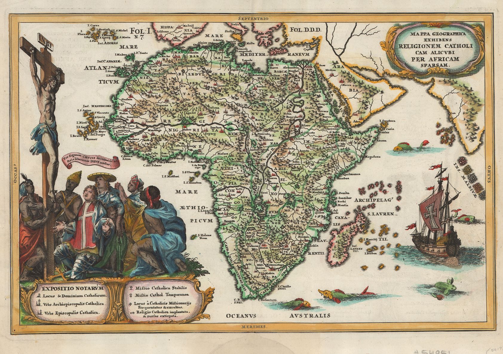 A map of Africa with a crucifixion scene in bottom left