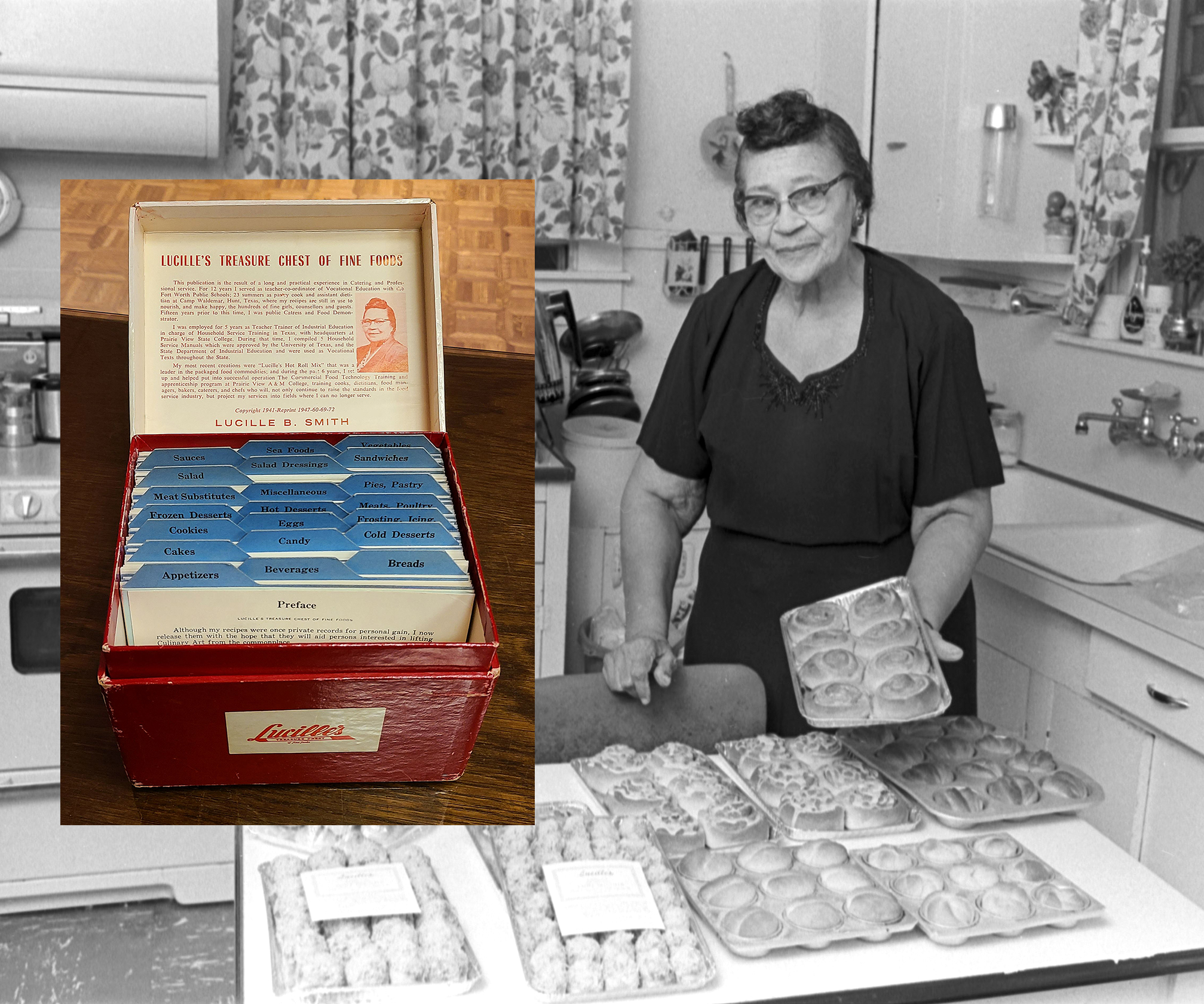Photograph of a recipe box superimposed over a black and white photograph of Lucille Bishop Smith.