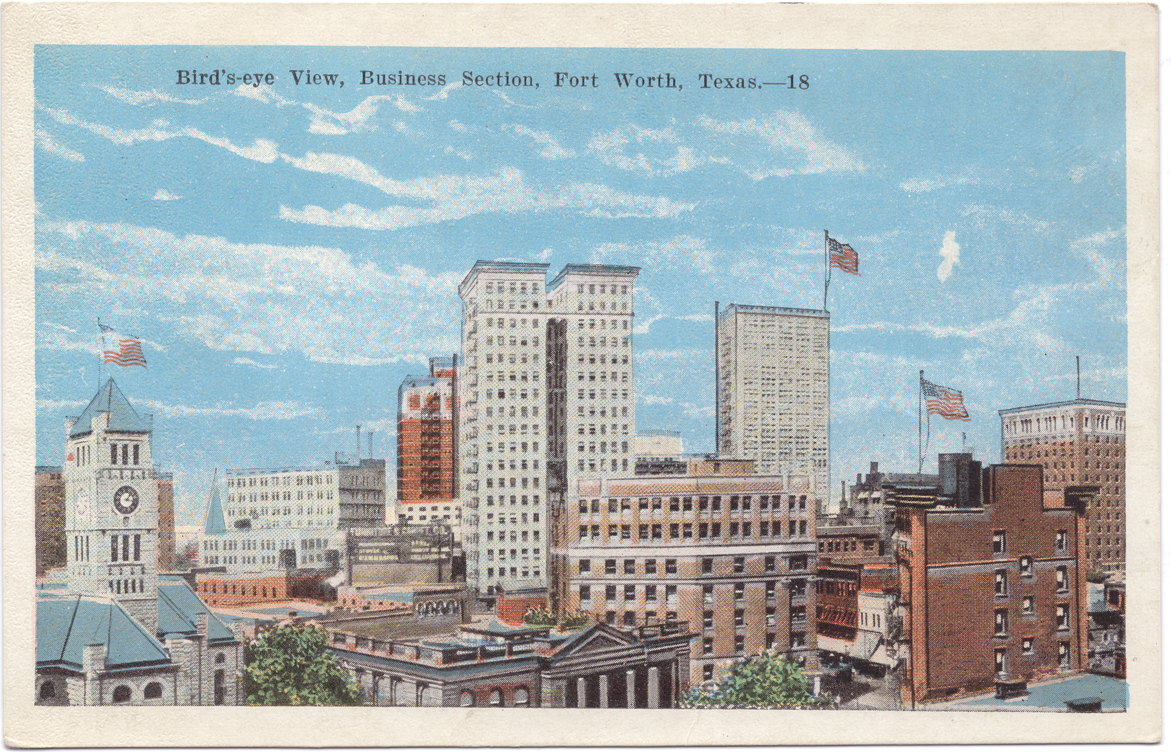 The postcard features a drawing of a large collection of buildings.