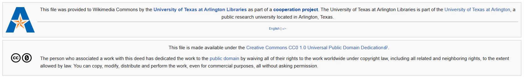 UTA Libraries cooperation header template and text of the Creative Commons CC0 1.0 public domain declaration on Wikimedia Commons.