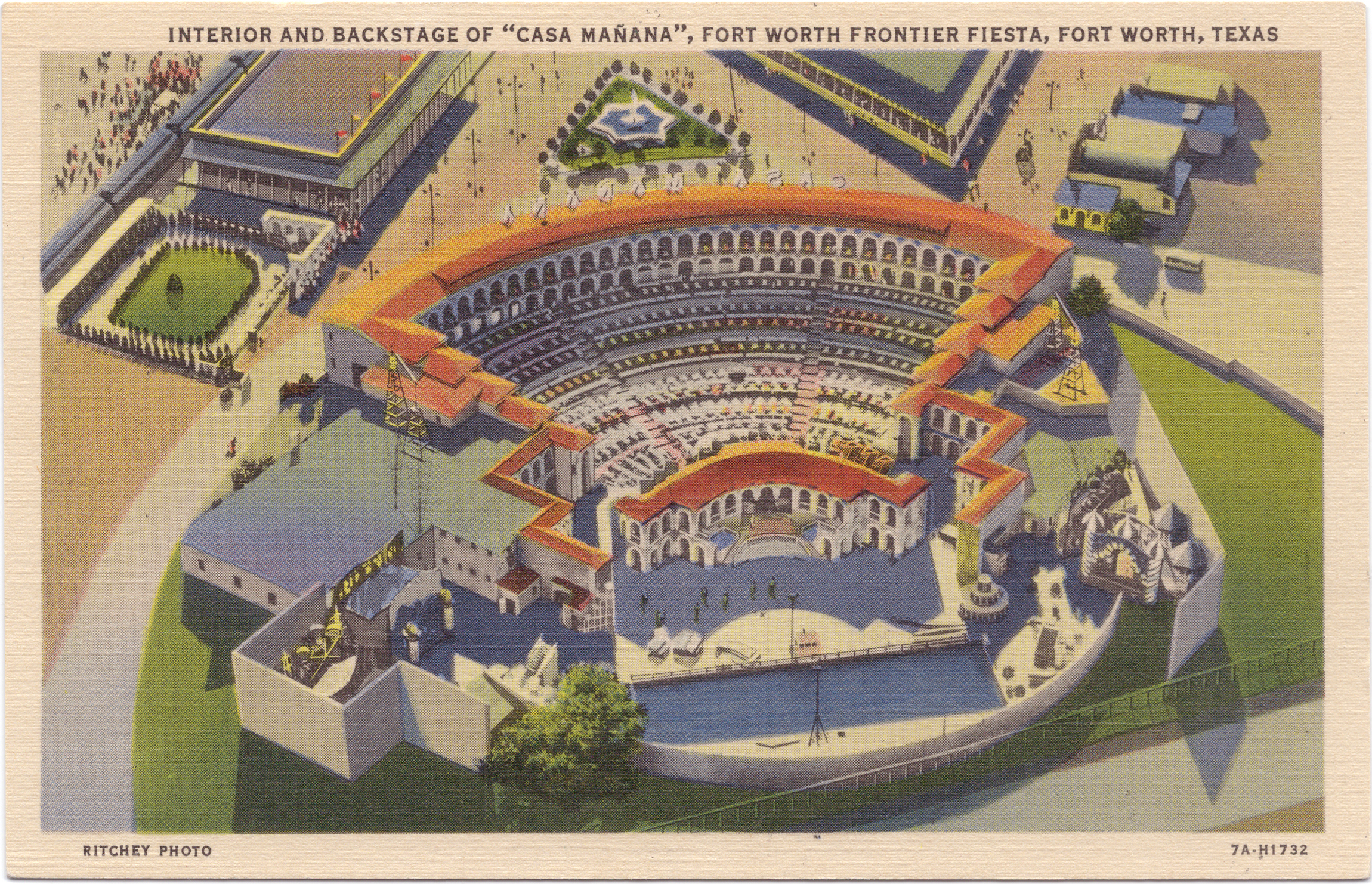 The postcard features a drawing of an aerial view of the building.