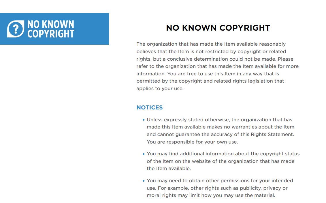Text of the "No Known Copyright" statement from RightsStatements.org.