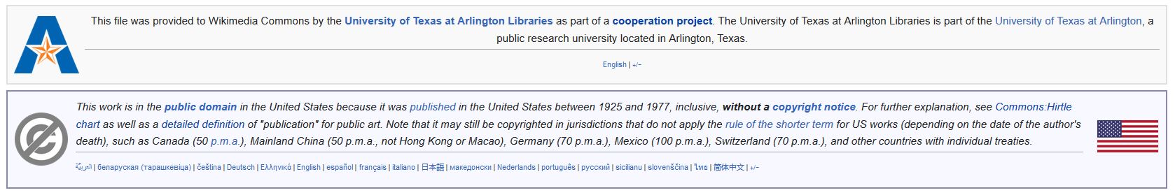 UTA Libraries cooperation header template and text of the US "no notice" public domain statement on Wikimedia Commons.