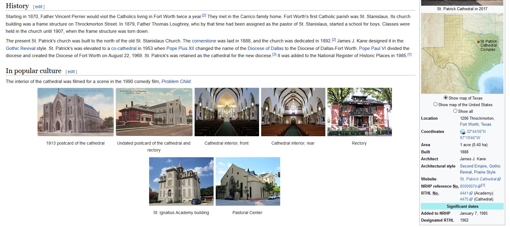 Screenshot of the English Wikipedia article on St. Patrick Cathedral in Fort Worth, featuring two postcards contributed by the UTA Libraries.