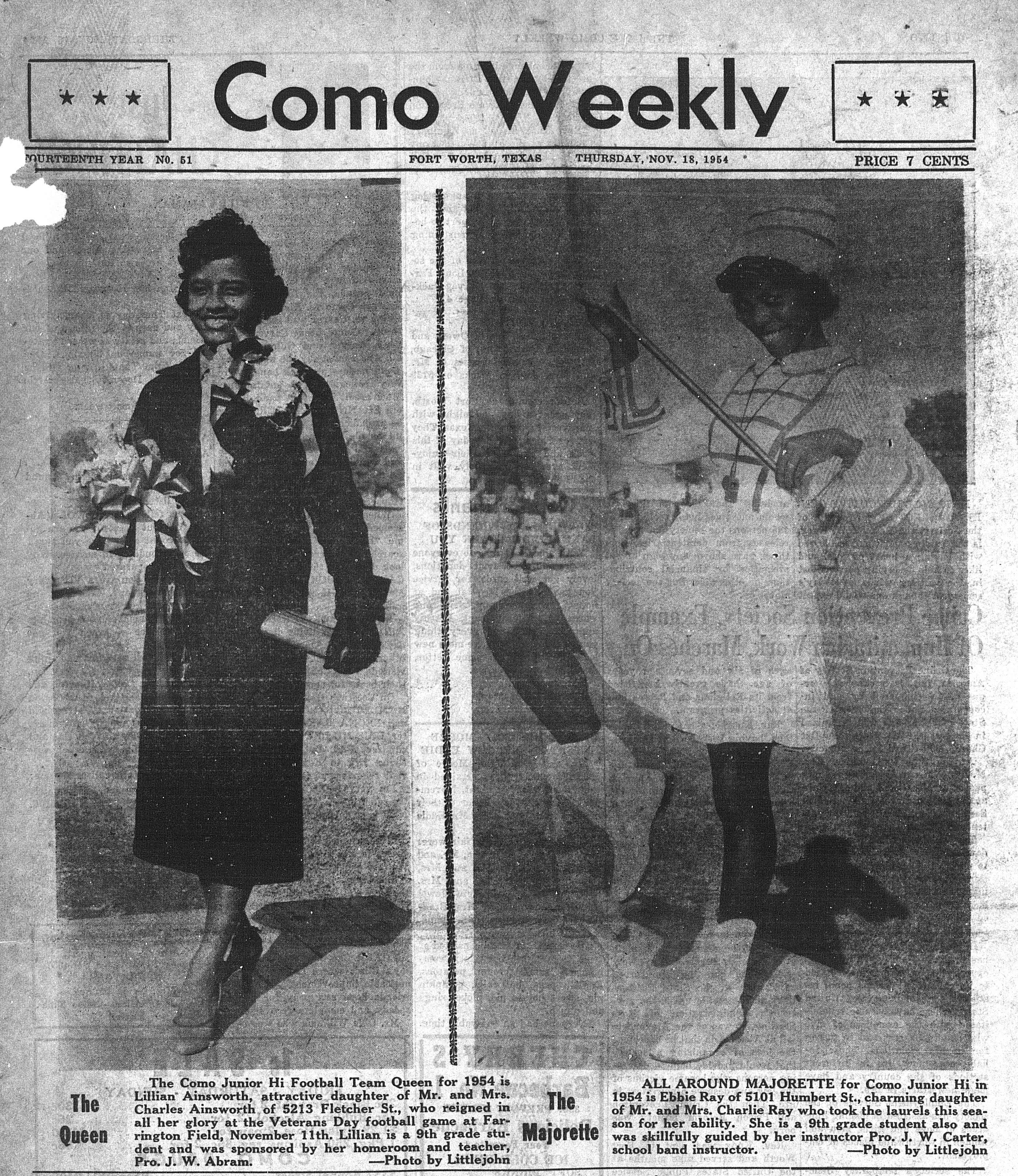 Front page of newspaper, Como Weekly, in 1954 showing two photographs of African American women.