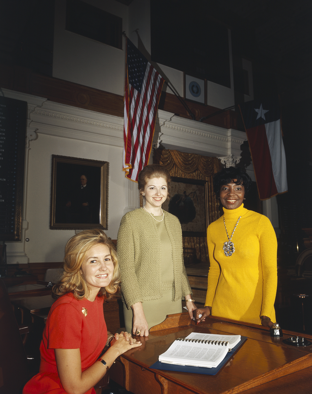 Republican Kay Bailey of Harris County, left, and Democrats Sarah Weddington, center, of Travis County, and Eddie Bernice Johnson of Dallas County are pictured in the House chamber at the Texas state Capitol Building in Austin, Texas. 