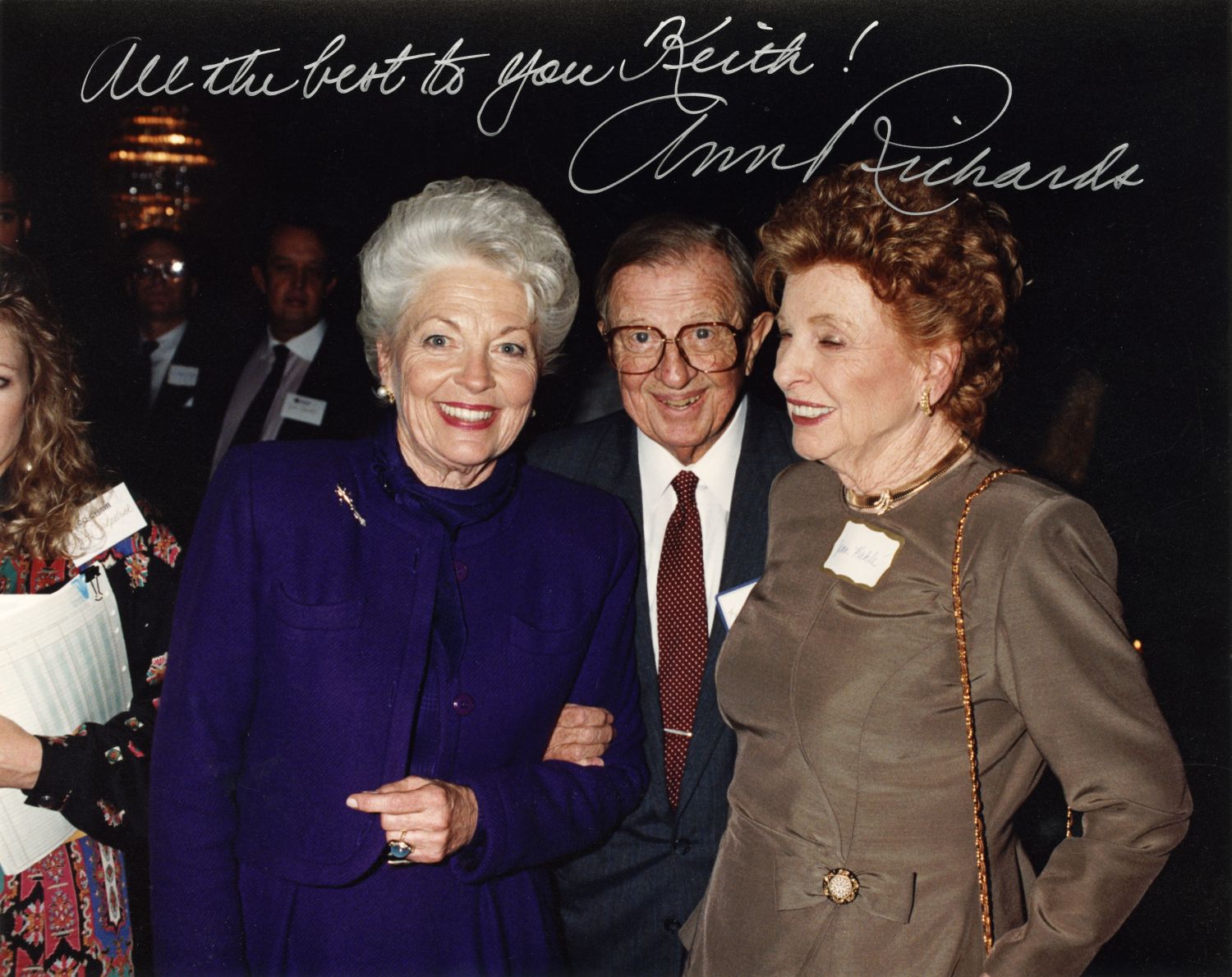 Keith and Jean Kahle pictured with Ann Richards, left. Richards signed the top of the photograph with her name and "All the best to you Keith!"