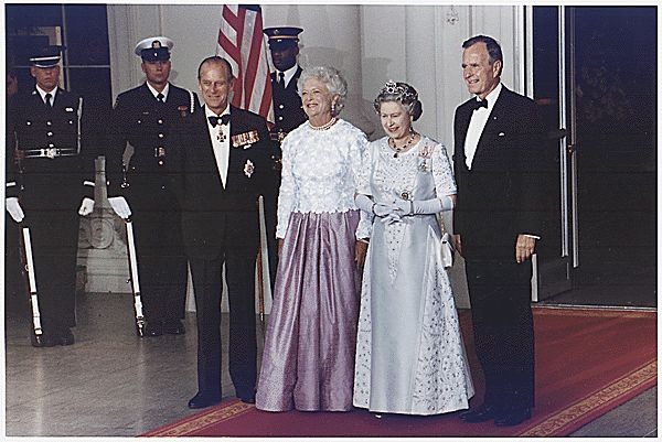 President and Mrs. Bush host a State Dinner for Queen Elizabeth II and Prince Philip of Great Britain at the White House.