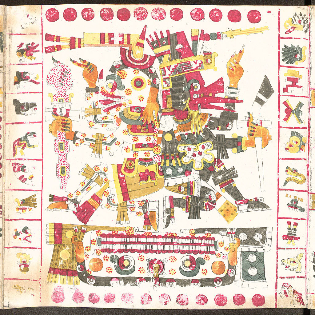 Aztec gods Mictlantecuhtli and Quetzalcoatl standing back to back