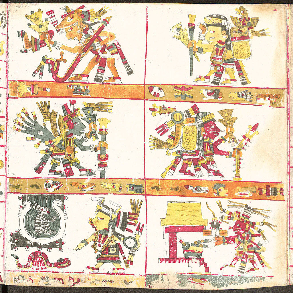 Six Aztec deities surrounded by their day signs and prophecies associated with their dates