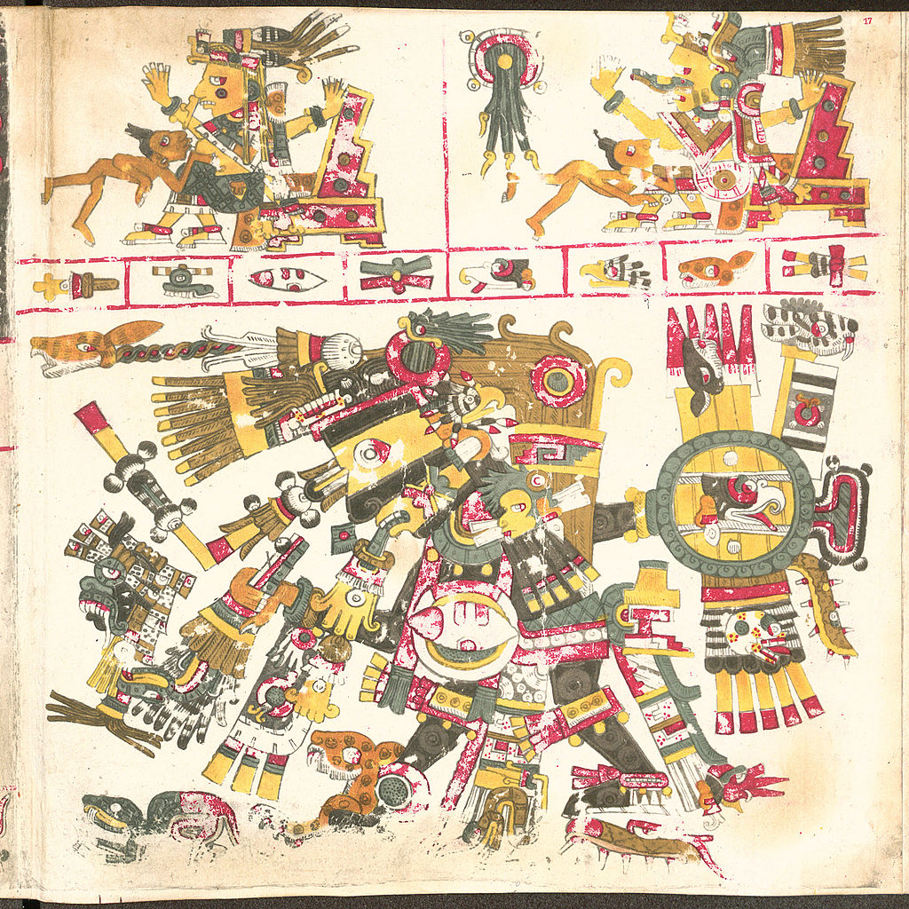 A large depiction of Tezcatlipoca, with day signs associated with different parts of his body.