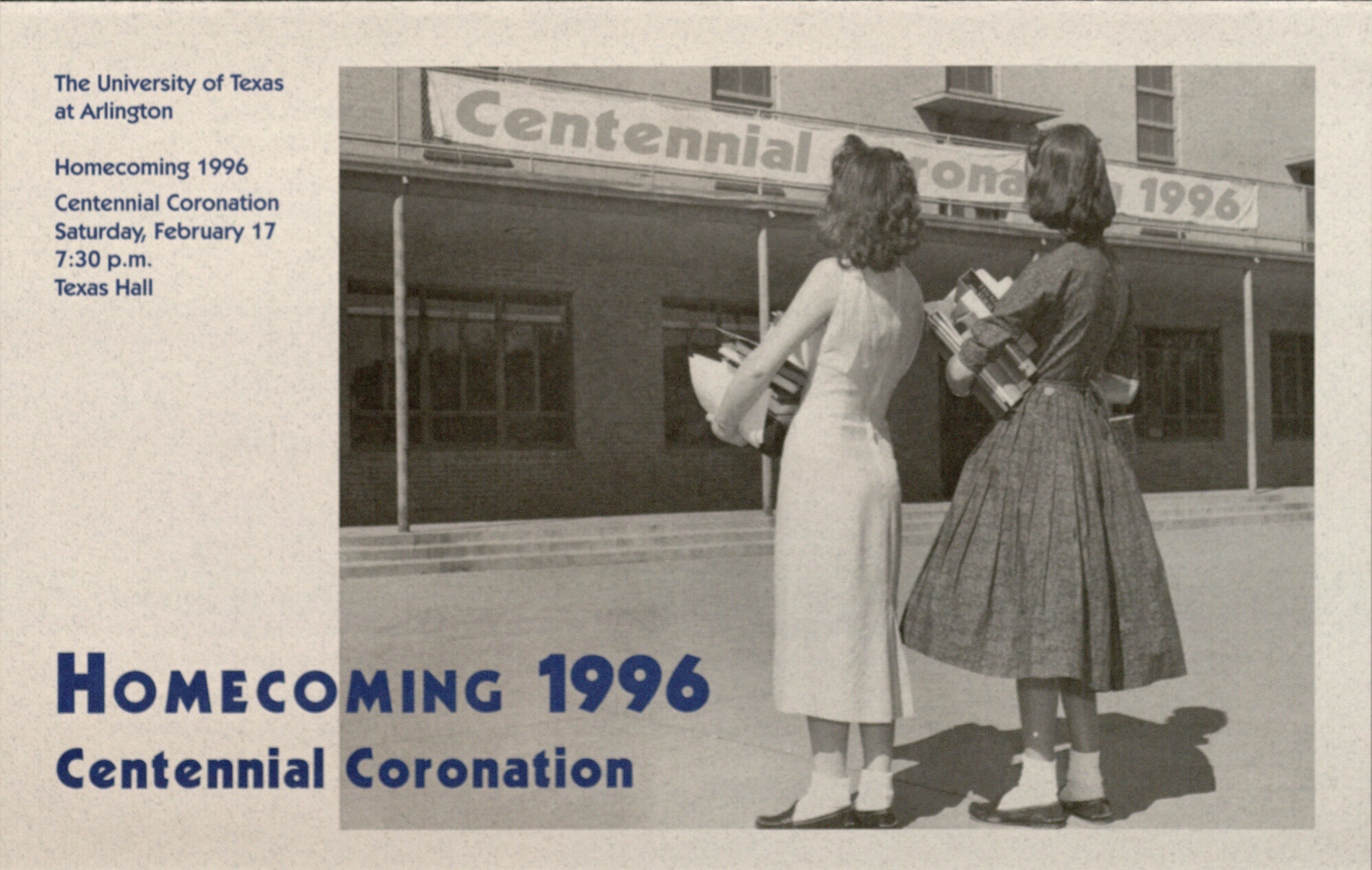 Homecoming flyer featuring two mid-20th century female students looking af a building.