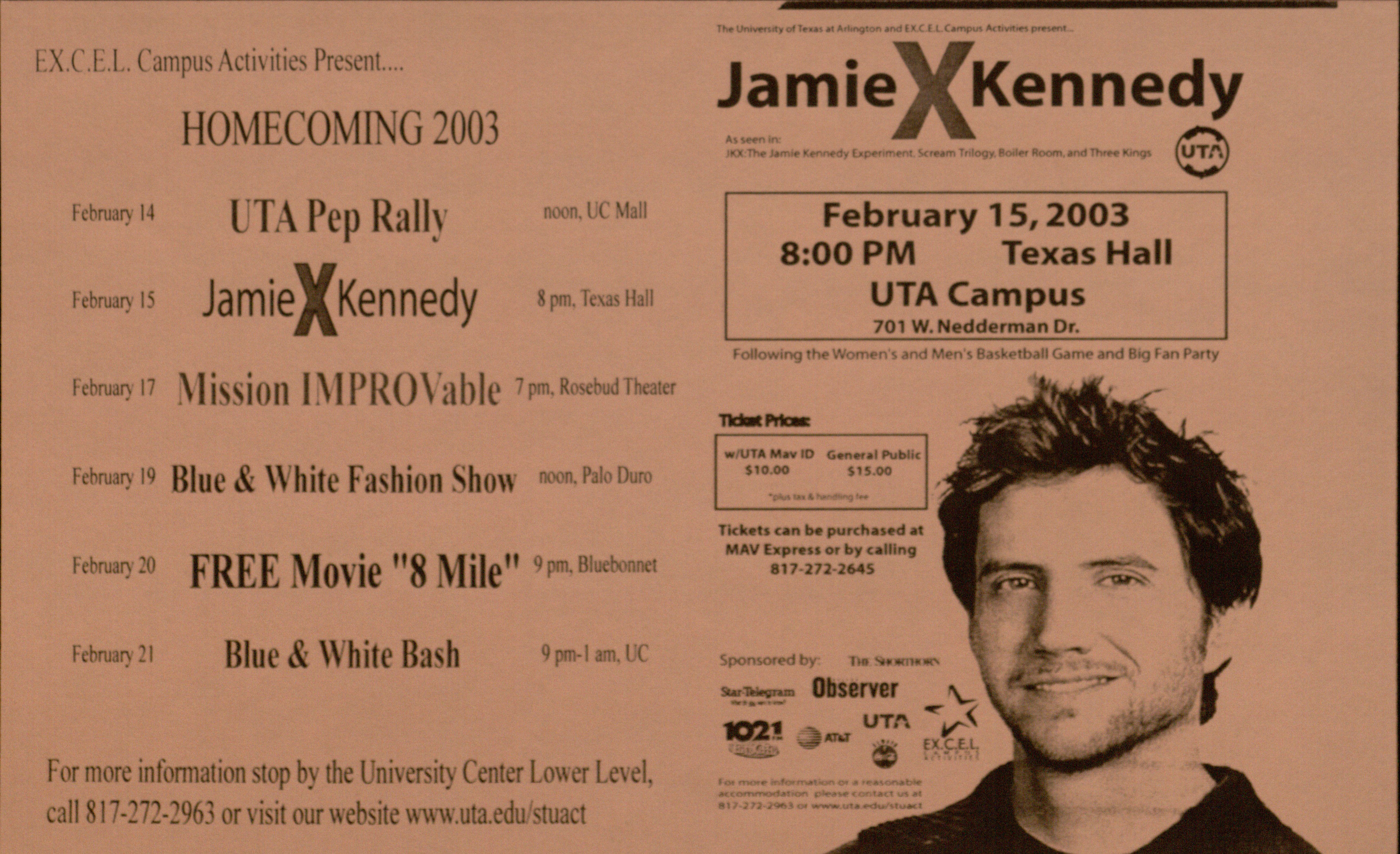 Homecoming flyer with text and a photo of Jamie Kennedy's face.