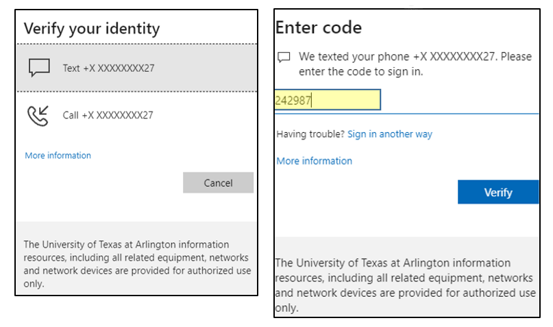 UTA logon dialogue boxes for verification code