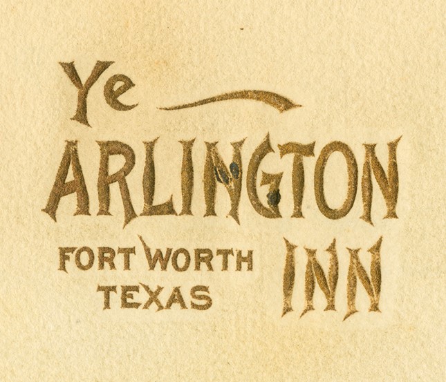 Gold text reading: Ye Arlington Inn - Fort Worth, Texas