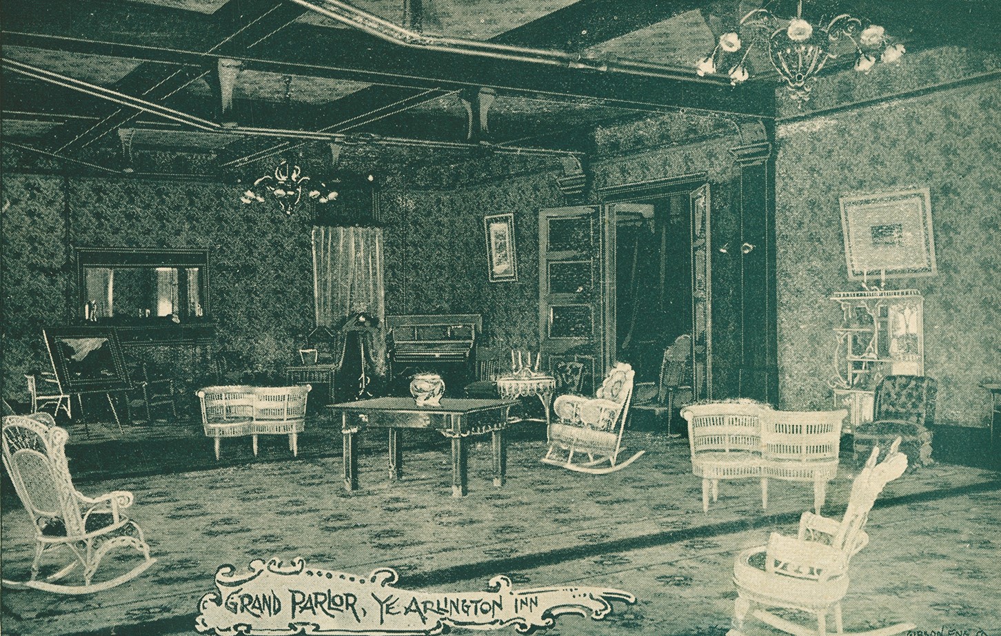 The grand parlor of Ye Arlington Inn, 1890's style furniture and decor.
