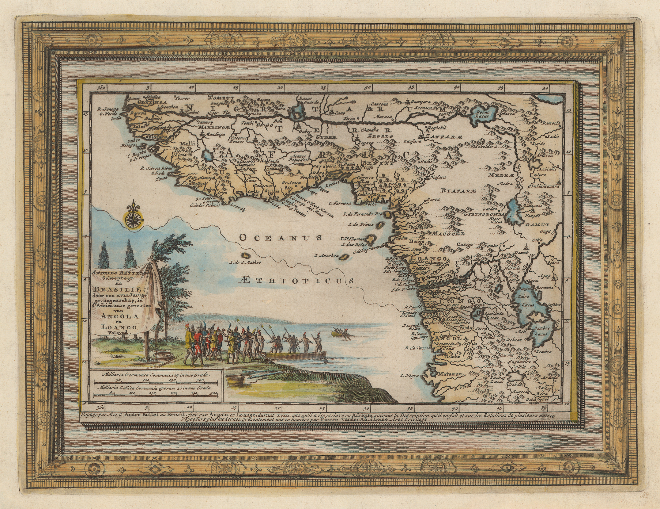 A map depicting the western shore of Africa, with artwork depicting African and European men in conflict and a legend. 