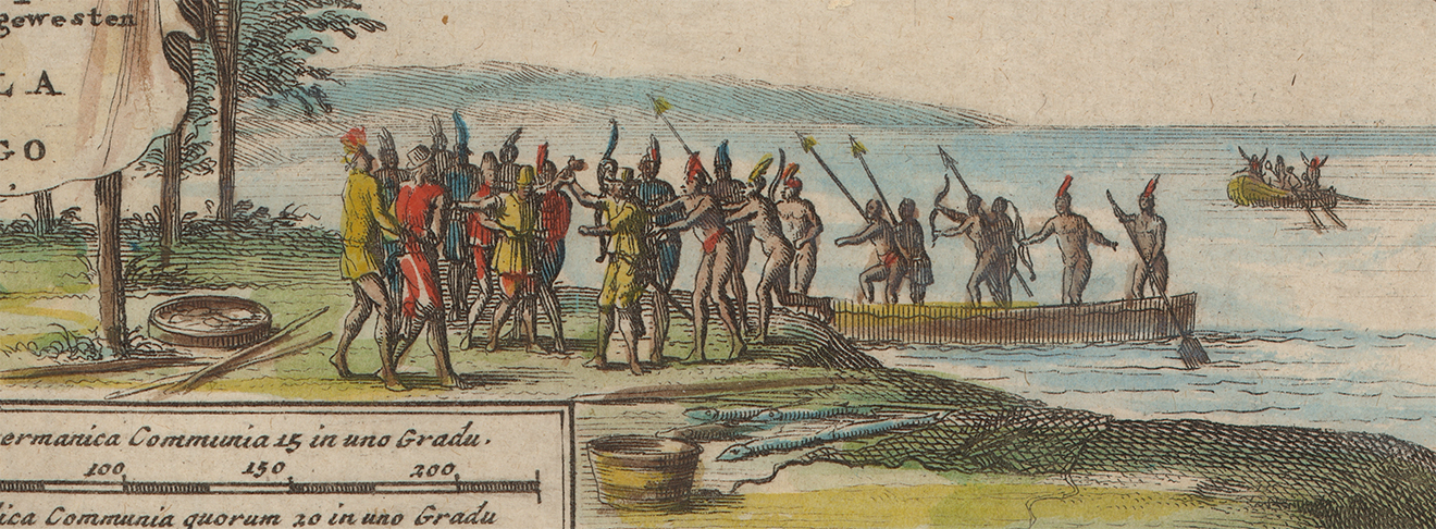 Artwork from a map depicting European and African men engaging in conflict