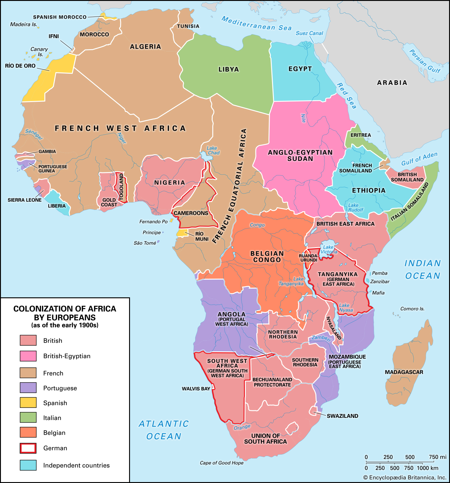 A modern political map of Africa, depicting the colonial holdings of European powers within Africa at the beginning of the 20th century