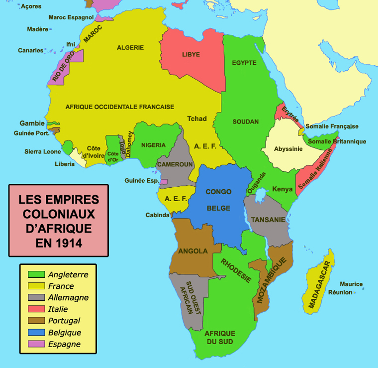 A modern political map of Africa, depicting the colonial holdings of European powers within Africa in 1914.
