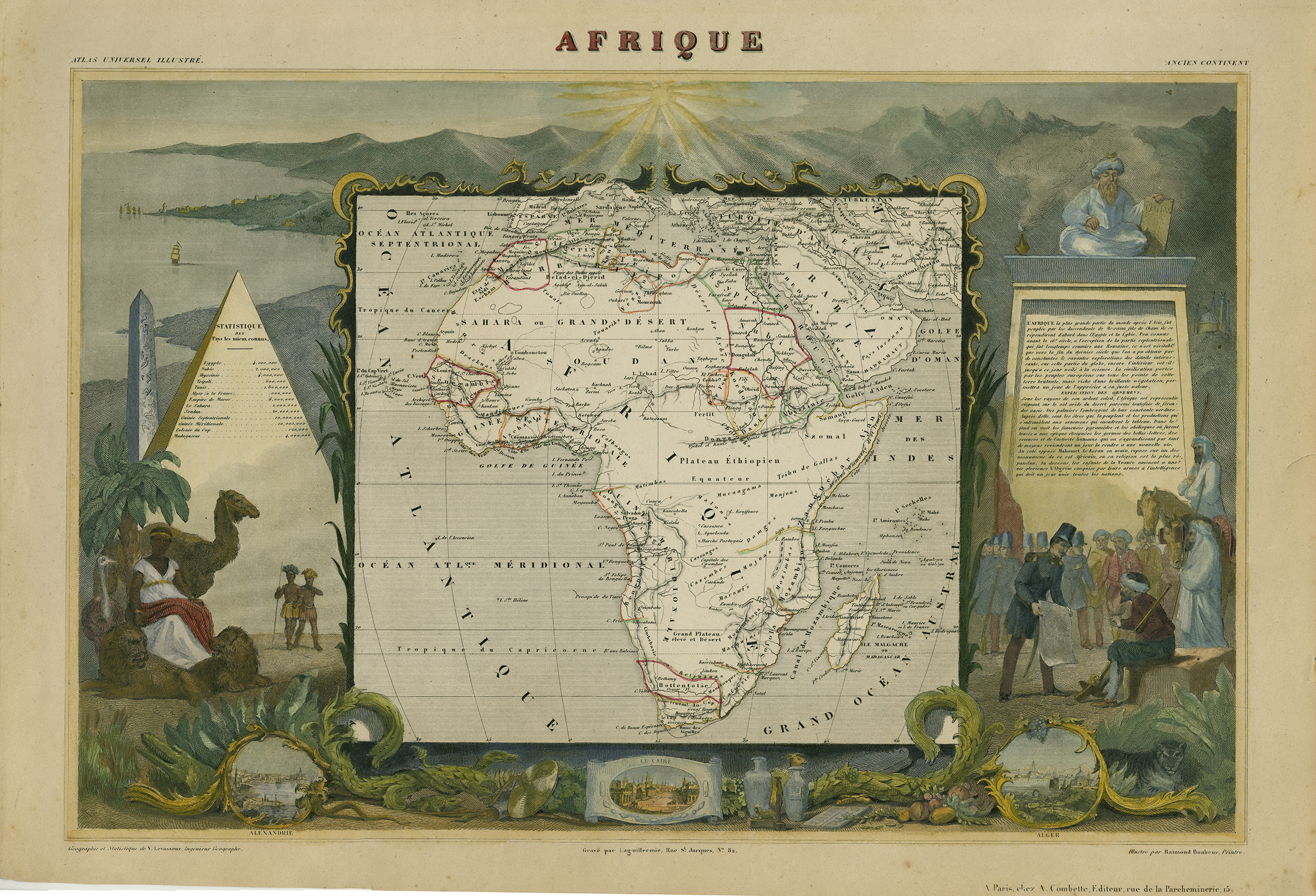 A map of Africa, with decorative illustrations on all edges depicting various scenes and animal life