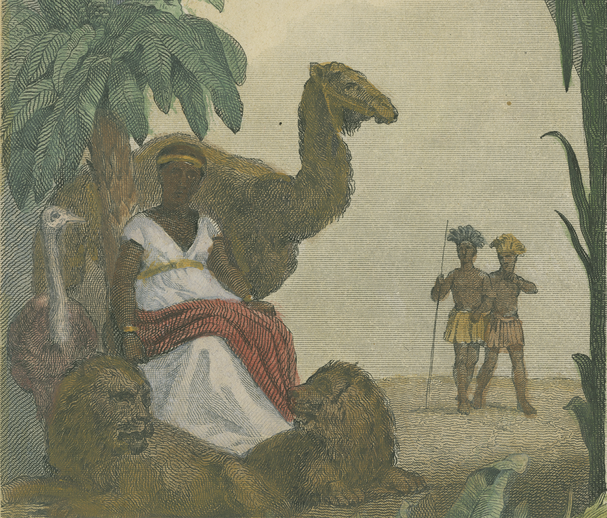 Closeup view of an African woman, camel, and warriors from map of Africa.