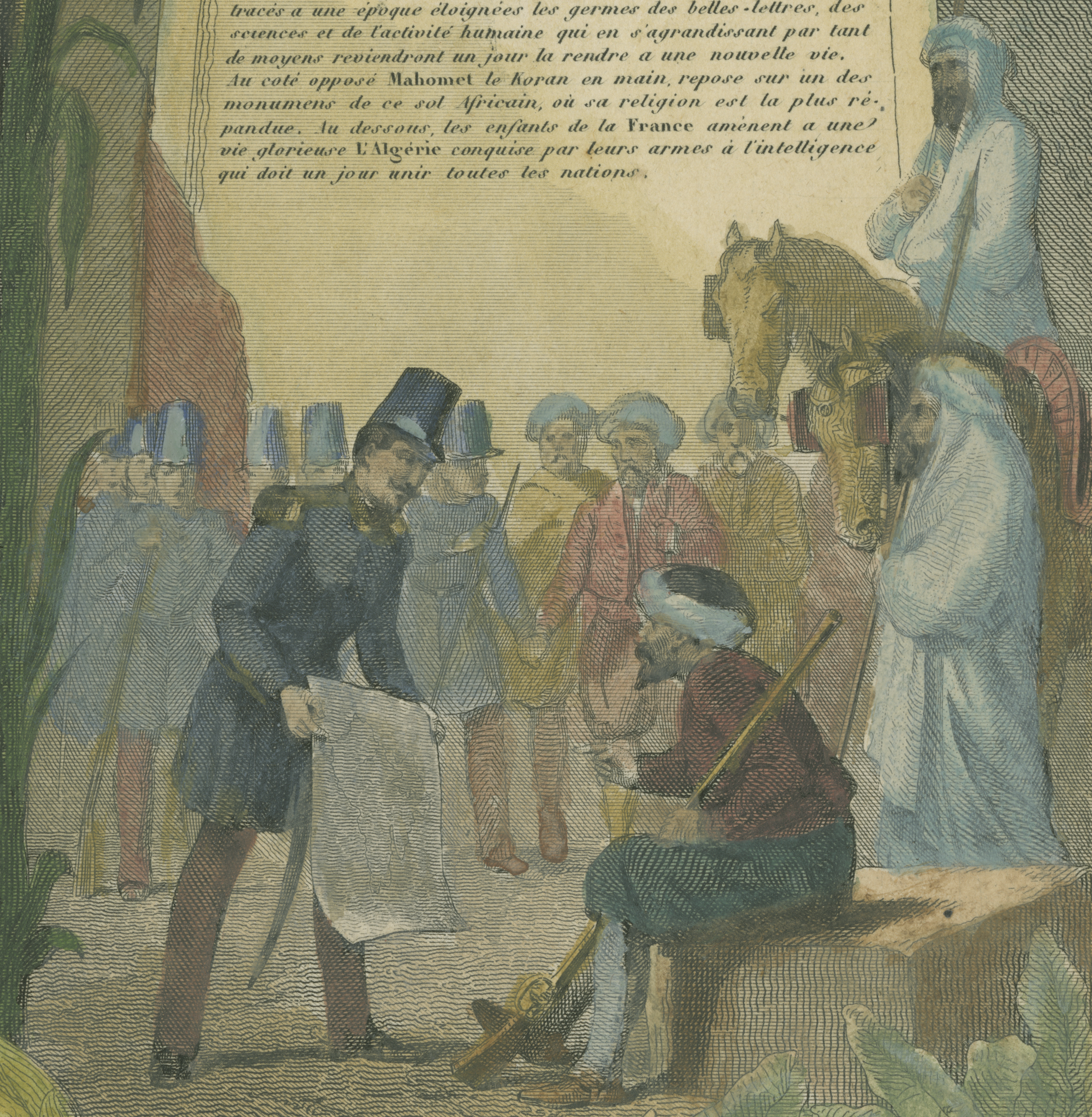 Closeup view of a scene depicting French military officials presenting paperwork to African men from a map of Africa.