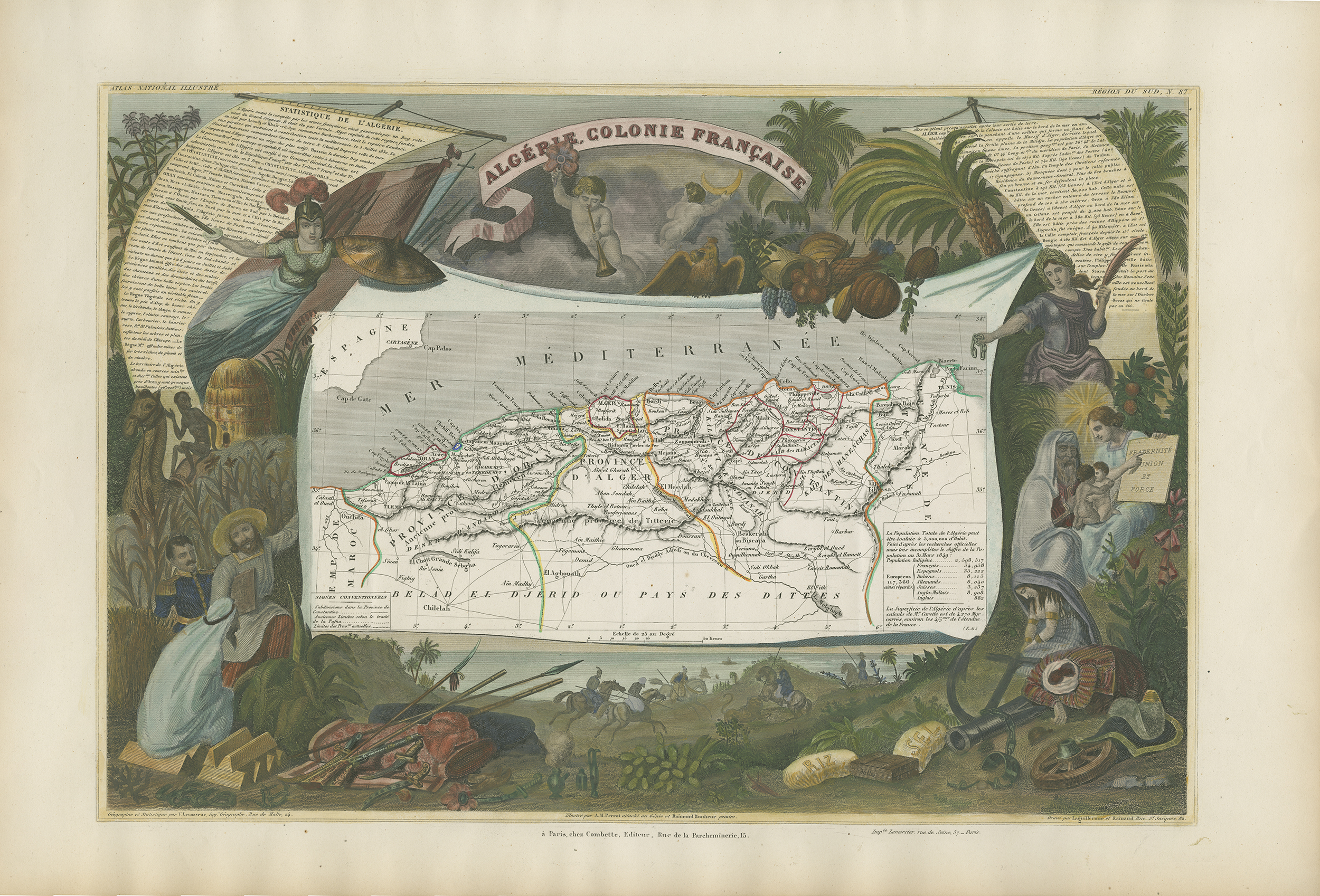 A map of Africa, with decorative illustrations on all edges depicting various scenes and animal life