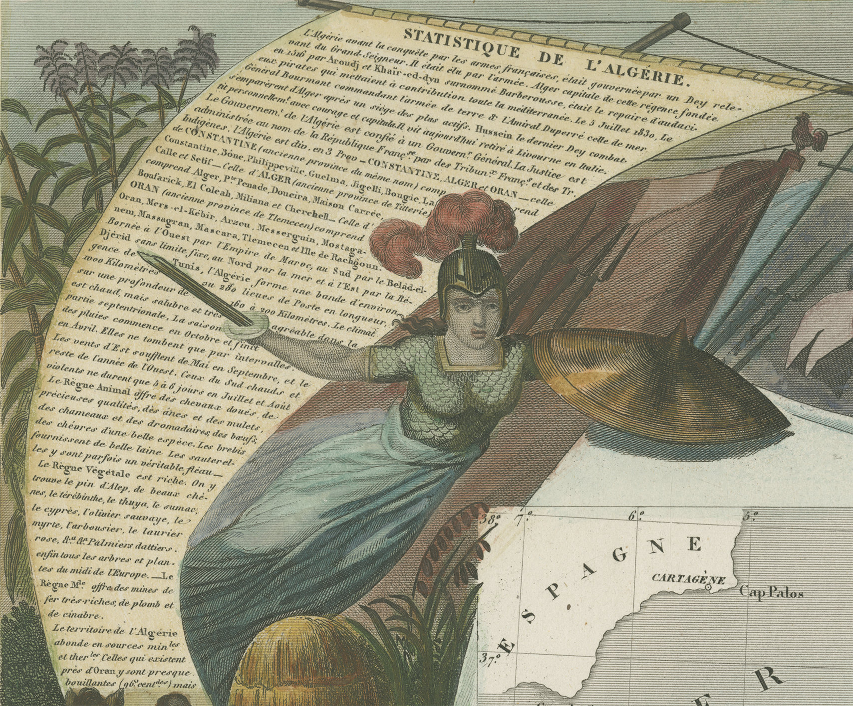 Closeup view of Lady Liberty-esque figure on map of Africa