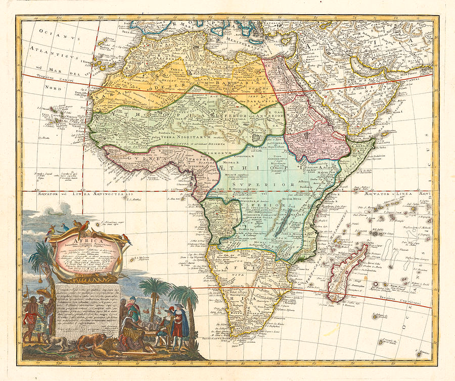 A map of Africa, with art depicting European and African interaction, as well as animal life