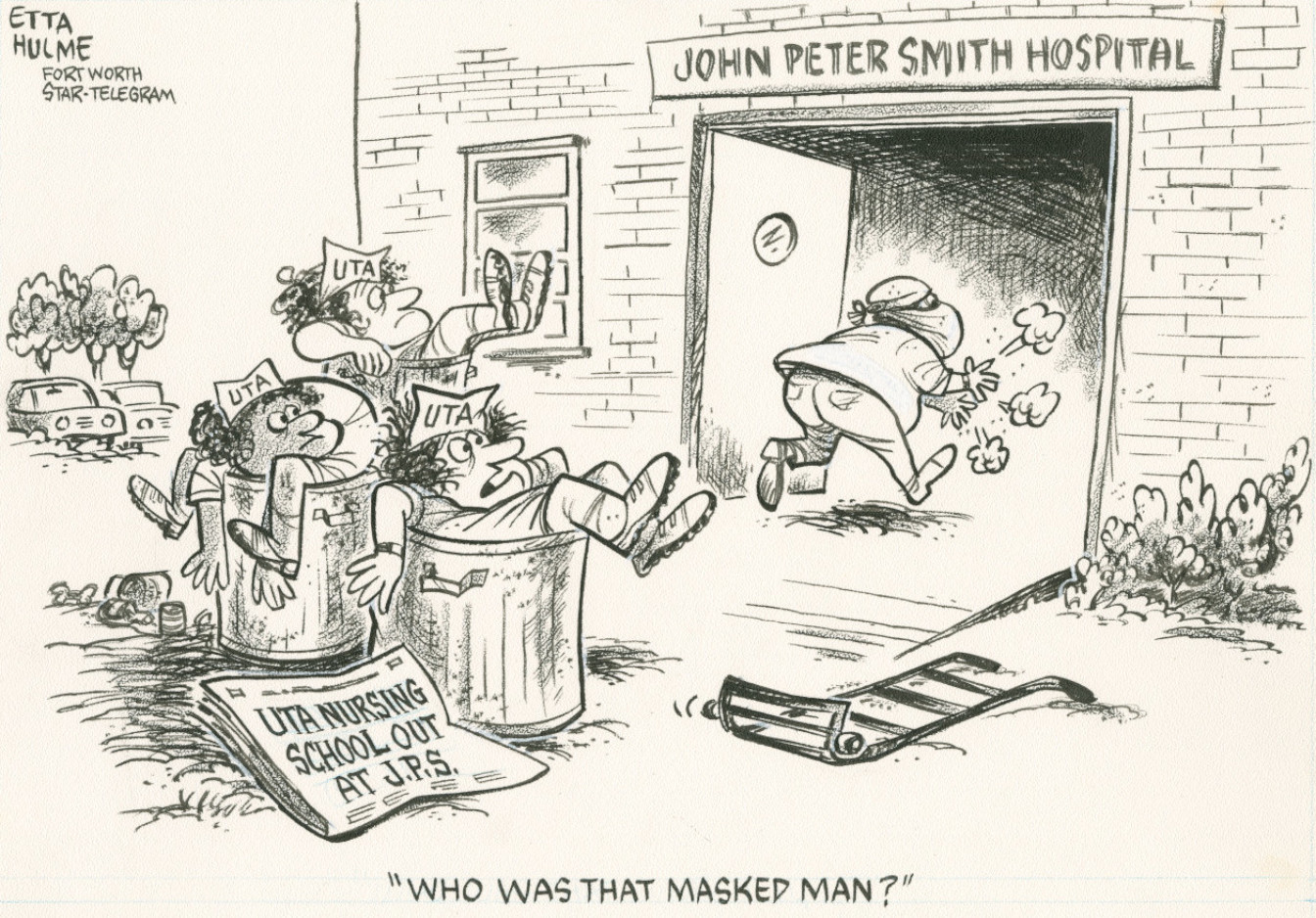 Cartoon depiciting nurses being thrown out in trash cans while a doctor returns back into the hospital.