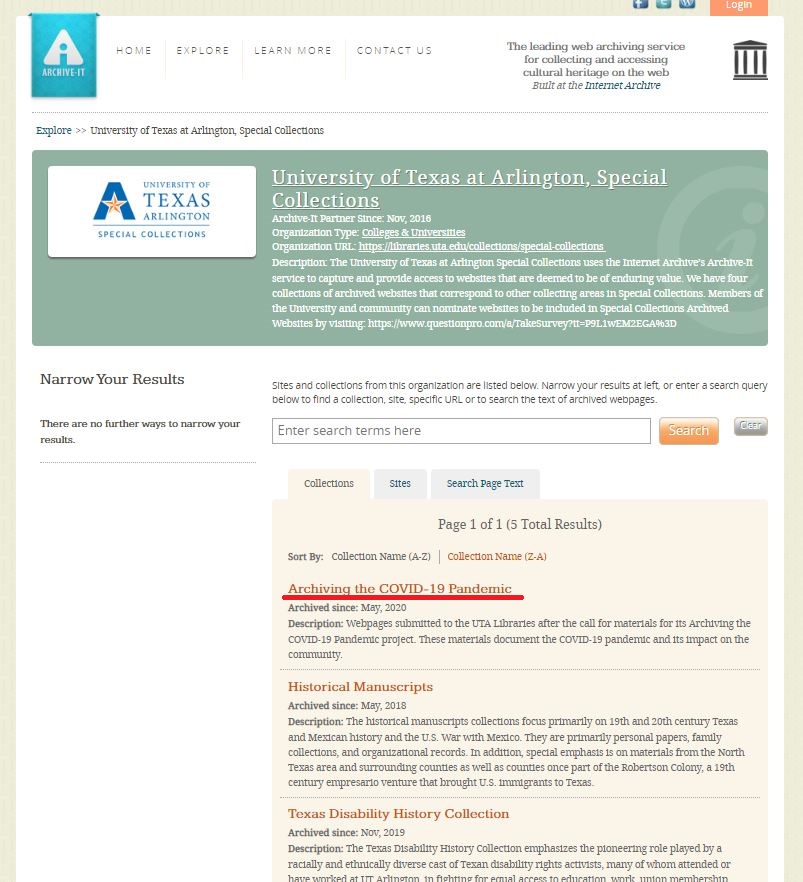 Screen capture of Archive-It home page for UTA Special Collections 