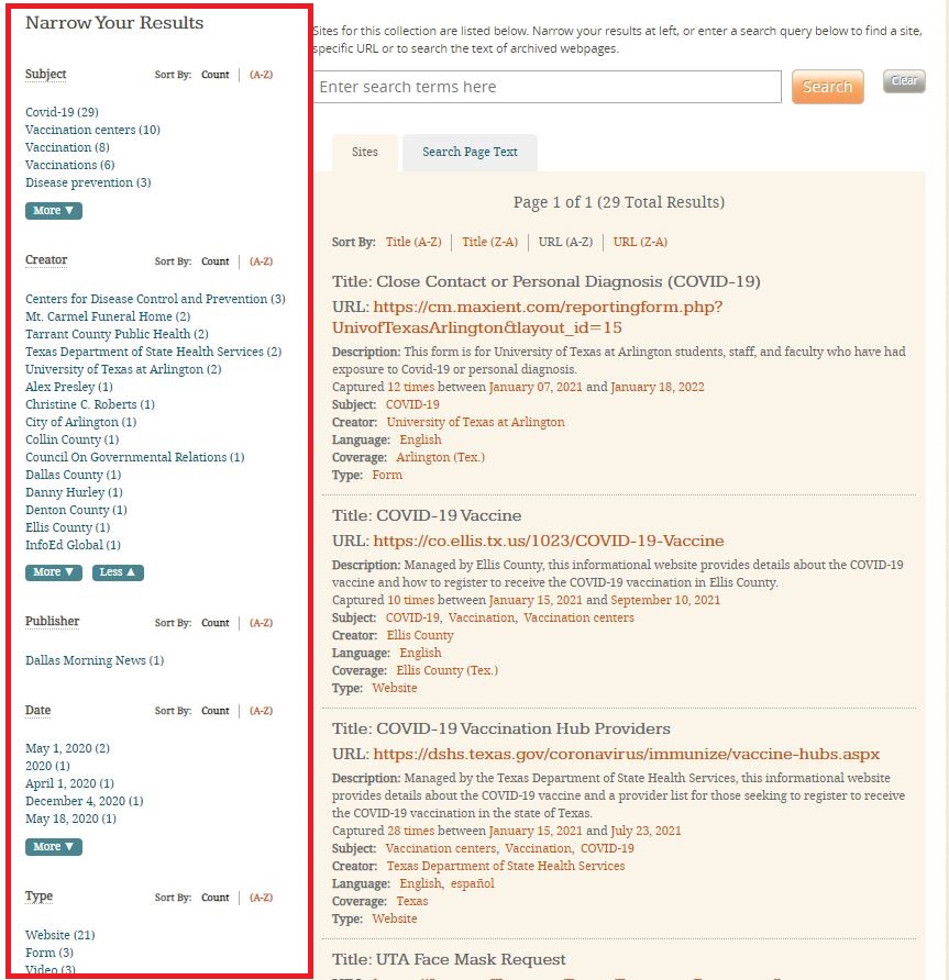 Screen capture of the Archiving the COVID-19 Pandemic Collection page on Archive-It with the search filters outlined in red. 