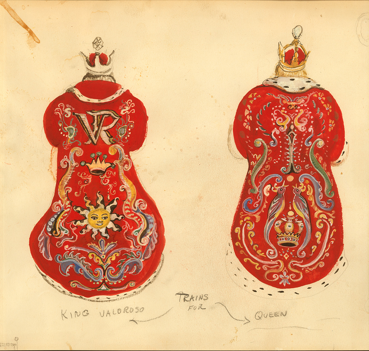 Costume study drawing of the trains for King Valoroso and Queen from "The Rose and the Ring"