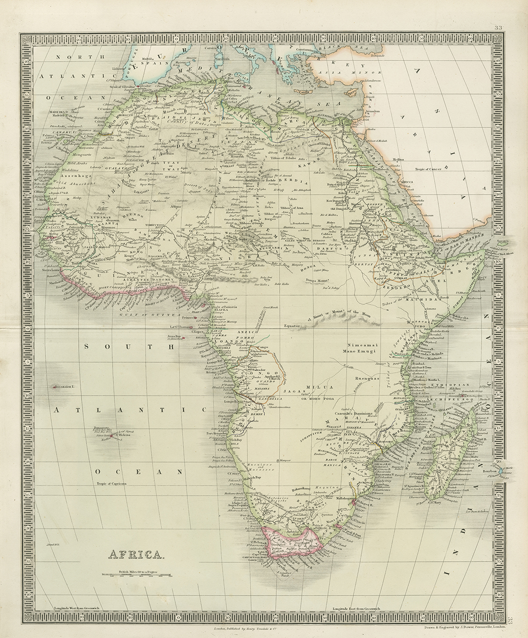 Uncolored map of Africa, with original hand colored outlines, engraved by John Dower and published by Henry Teesdale & Co. of London, ca. 1844.