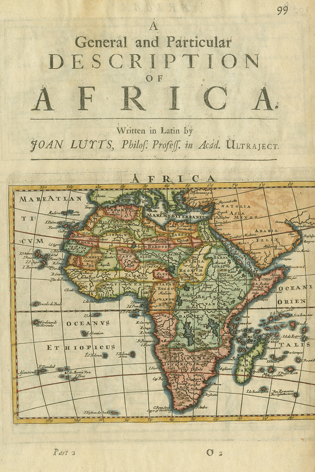 Cover page with map of Africa by Herman Moll from a particular section of Herman Moll's "A System of Geography: or, a New & Accurate Description of the Earth in all its Empires, Kingdoms and States," published in London by Moll in 1701. At top of sheet: "A General and Particular Description of Africa. Written in Latin by Joan Luyts, philos. Profess. in Acad. Ultraject." "Part 2 O2." On verso: "Barbary and Bildulgerid, A map of Zaara, Negroe-land, Guinea &c. /H. Moll fecit," with inset: