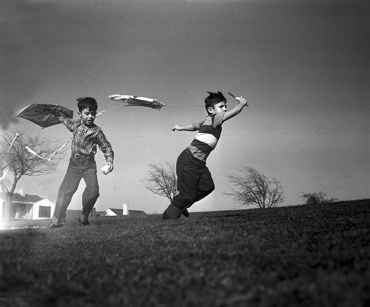 Two young boys play with kites on a large lawn.