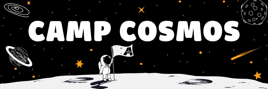 Camp Cosmos astronaut on the moon holding a flag
