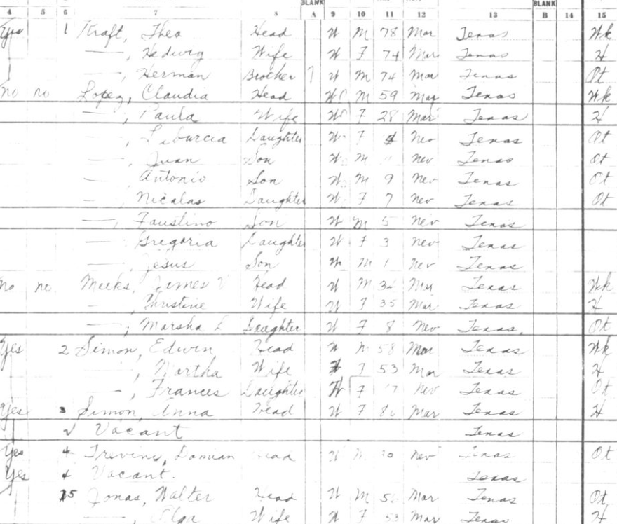 A closeup of the 1950 Census showing the family of Claudio and Paula Lopez