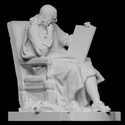 3D-printed Blaise Pascal sitting in chair pondering a manuscript