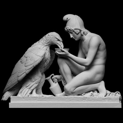 3D-printed sculpture of kneeling boy feeding an eagle