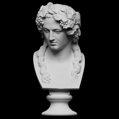 3D-printed sculpture of a young man with long hair and a wreath containing grapes