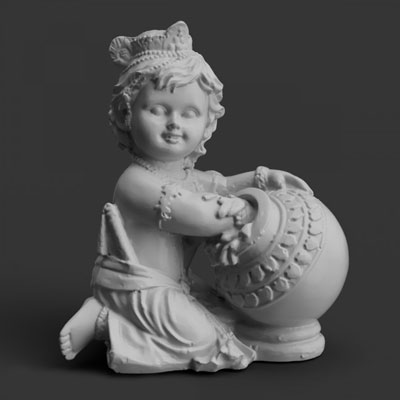3D-printed sculpture of young boy taking butter from a decorated pottery jar