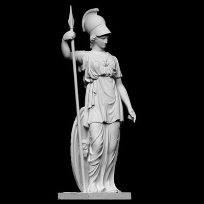 3D-printed sculpture of woman with spear, helmet, and shield